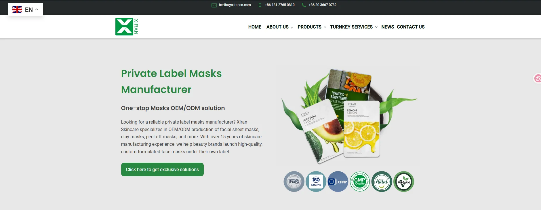 Screenshot of a webpage promoting a private label face mask manufacturer, showcasing product images of face masks with ingredients like avocado and lemon.